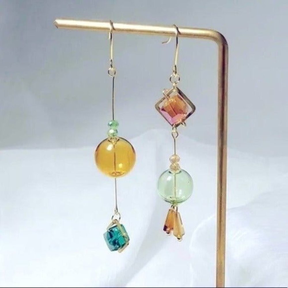 Asymmetrical dangle earrings spherical celestial blue gold orange teal drop boho
